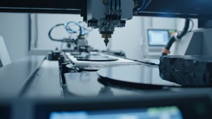 Precision machining with a waterjet cutter in a modern industrial manufacturing facility with a dark stone workpiece