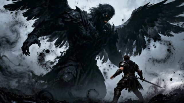 cinematic shadow angel giant towering over warrior feathers dissolving black dust epic
