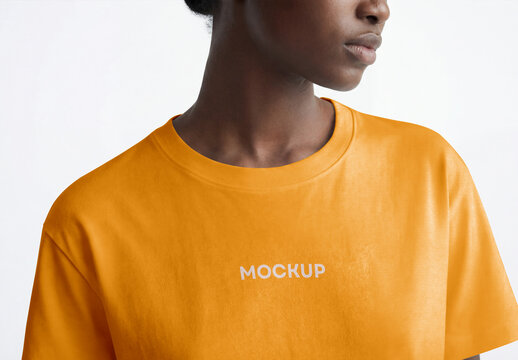 Template Mockup Realistic T-Shirt Front View on Model Close-Up