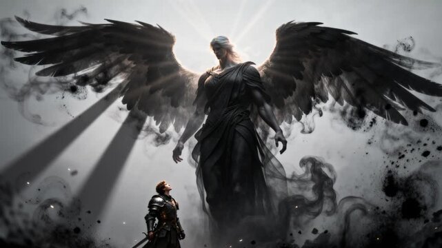 cinematic shadow angel giant towering over warrior feathers dissolving black dust epic