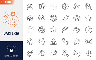 Bacteria icon set. Bacteria, Microbe, Virus, Colony of Bacteria, Petri Dish and more. Editable stroke. Vector illustration