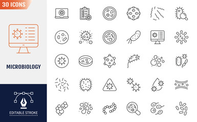 Microbiology icon set. Editable stroke. Vector illustration
