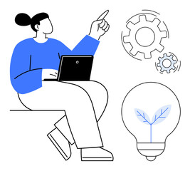 Innovation, green technology, workflow, sustainability, renewable energy, eco-friendly solutions. Person with a laptop pointing, gears and light bulb with leaf inside. Innovation and green technology