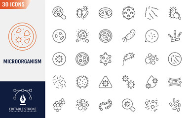 Microorganism icon set. Editable stroke. Vector illustration