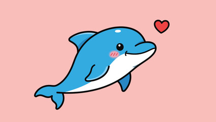 Adorable blue cartoon dolphin character with a floating red heart.