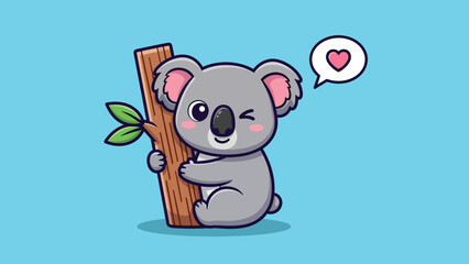 Adorable cartoon koala hugging a tree branch winking with a heart speech bubble.