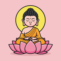 Cartoon Buddha meditating on pink lotus flower with yellow halo serene spiritual illustration.