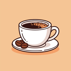 Cartoon coffee cup with dark beverage and coffee beans on a saucer.
