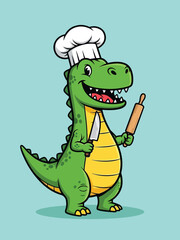 Cartoon Green Dinosaur Chef Holding Knife and Rolling Pin.