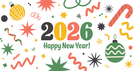 Happy New Year 2026 retro-style banner design with festive ornaments, candy cane, confetti, and colorful geometric shapes, holiday celebration vector