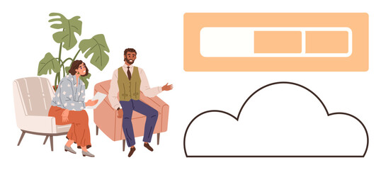 Man and woman sitting in modern chairs discussing technology, cloud shape, and progress bar. Ideal for collaboration, technology, teamwork, career, brainstorming cloud computing innovation. Simple