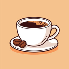 Cartoon white coffee cup with dark coffee and two roasted beans on saucer.