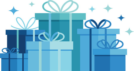 Stack of blue and cyan Christmas gift boxes with delicate ribbons and bows, festive winter holiday presents collection with sparkling stars