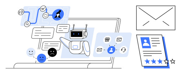 AI robot interacting on laptop screen with messages, icons, emotions, and applicant data. Ideal for HR, recruitment, digital support, automation, data processing communication feedback collection