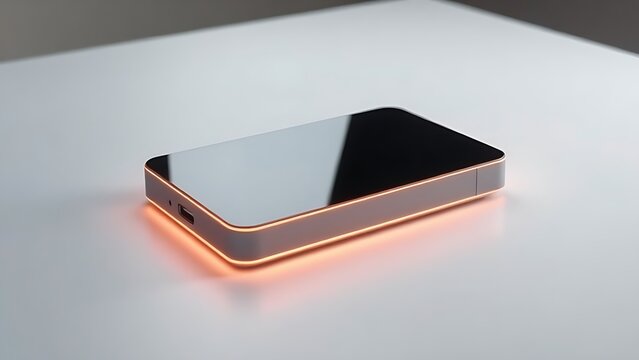 Modern minimalist communication device with sleek rectangular design and glowing edges.