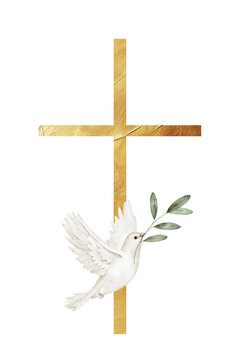 Gold cross with a white dove holding olive branch, wings extended, watercolor style, symbolizing faith, hope, and peace, religious event, sympathy card, church announcement, or Easter design project.