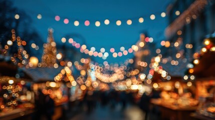 Colorful bokeh lights at vibrant evening outdoor market