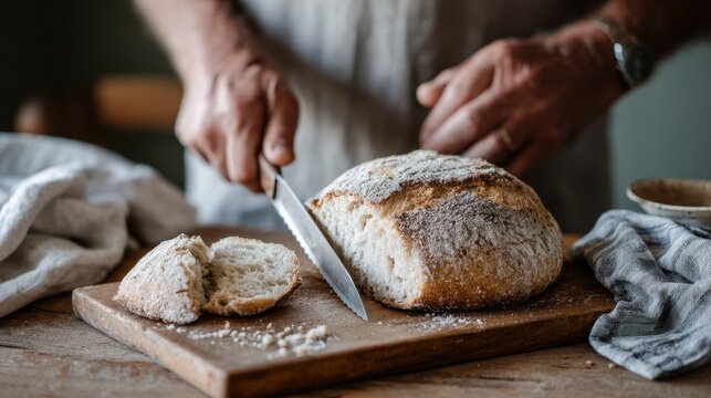 Close-up of hands slicing fresh rustic bread on wooden cutting board