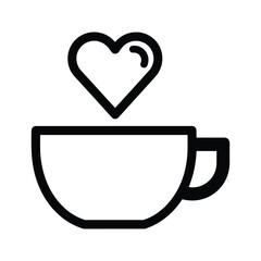 Simple black outline icon of a steaming coffee cup with a heart shape rising above it, isolated on