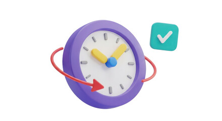 3D purple clock with yellow hands and checkmark icon isolated on a transparent background
