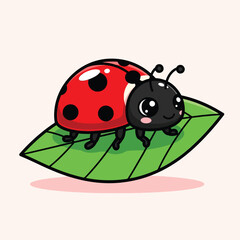 Cute cartoon ladybug with red spotted shell and big eyes sitting on a green leaf.