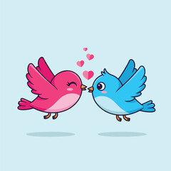 Cute Cartoon Pink and Blue Birds Kissing with Hearts.