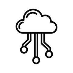 Simple black and white line icon representing cloud computing technology with circuit board connections isolated on