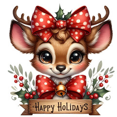 An image of cute christmas reindeer with red scarf.. The scene includes deer, playful, white, adorable, drawing, gift, red, clip