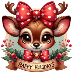 An image of cute christmas reindeer with red scarf.. The scene includes deer, playful, white, adorable, drawing, gift, red, clip