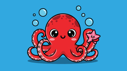 Cute red cartoon octopus holding a pink starfish underwater. © Caroline Studio