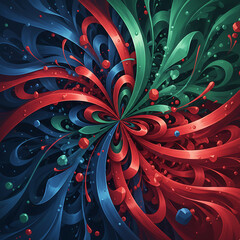 Abstract dynamic background with swirling red, blue, and green ribbons. Fluid liquid 3D shapes and floating particles in a symmetrical creative composition.