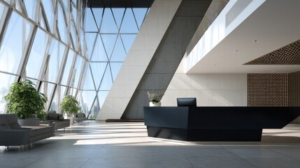 Fototapeta premium Modern reception area design in corporate office interior photography minimalist style