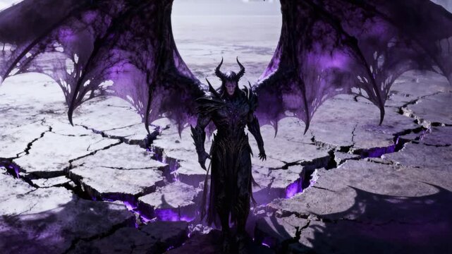 cinematic fallen angel lord enormous shadow wings ground cracking dark fantasy epic