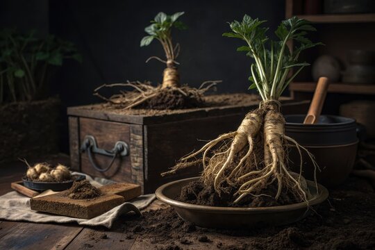 A mysterious still-life composition featuring freshly unearthed Mandragora officinarum roots