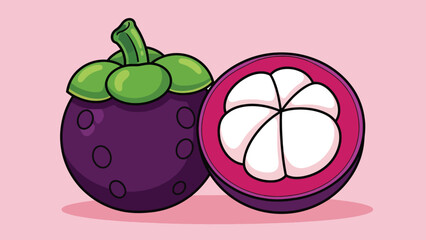 Whole and sliced mangosteen fruit with purple skin green stem and white segmented flesh.