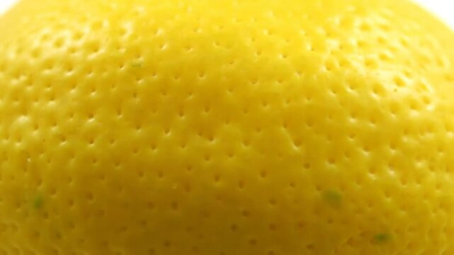 Close-up of a vibrant yellow lemon skin texture showing detailed bumpy imperfections on white background