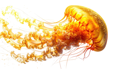 Golden jellyfish pulsates, trailing graceful, flowing tentacles
