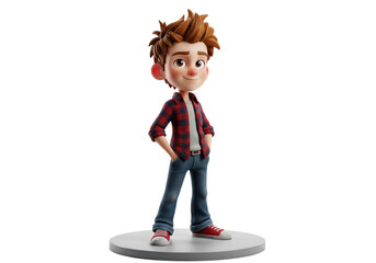 high-detail 3d figurine of a confident 8-year-old caucasian boy with freckles, wearing a plaid shirt and jeans on a grey pedestal, against a transparent cyclorama with copy space. concept for