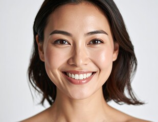 Close-up portrait of a beautiful young Asian woman with a radiant smile and healthy skin.