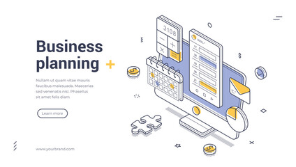 Isometric web banner for business planning. Vector illustration template with computer and calendar. Modern landing page for project management and time organization