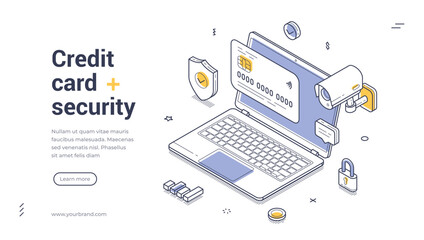 Isometric web banner for credit card security and data protection. Vector illustration template with laptop and lock. Modern landing page for secure online payments and finance