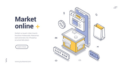 Isometric web banner for online market. Vector illustration template with smartphone and shop. Modern landing page for e-commerce, internet shopping, and digital business promotion