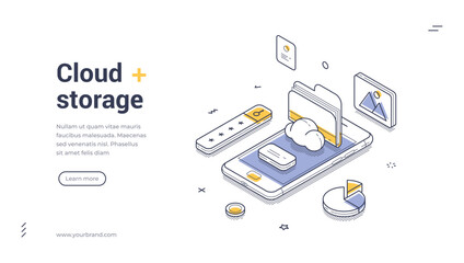 Isometric web banner for cloud storage. Vector illustration template with smartphone and data files. Modern landing page for information hosting, backup, and file sharing services
