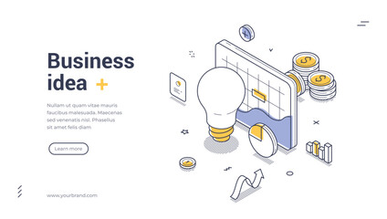 Isometric web banner for business idea. Vector illustration template with lightbulb and money. Modern landing page for startup, financial strategy, and investment growth concept