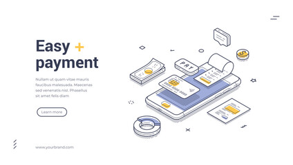 Isometric web banner for easy payment. Vector illustration template with smartphone and money. Modern landing page for online shopping, mobile banking and digital transactions