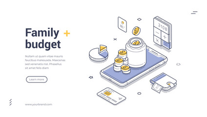 Isometric web banner for family budget. Vector illustration template with smartphone and money. Modern landing page for financial planning, savings, and home economy management