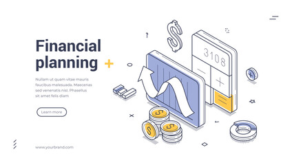 Fototapeta premium Isometric web banner for financial planning. Vector illustration template with calculator and money. Modern landing page for accounting, investment strategy, and business analysis