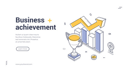 Obraz na płótnie Canvas Isometric web banner for business achievement. Vector illustration template with trophy and growth chart. Modern landing page for success strategy and corporate development