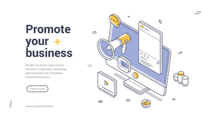 Isometric web banner for digital marketing. Vector illustration template for business promotion with computer and megaphone. Modern landing page for social media advertising and SMM