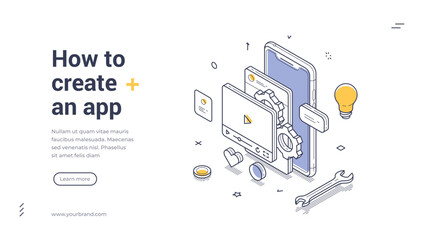 Isometric web banner for mobile app creation. Vector illustration template with smartphone and development tools. Modern landing page for software design, coding process, and user interface building